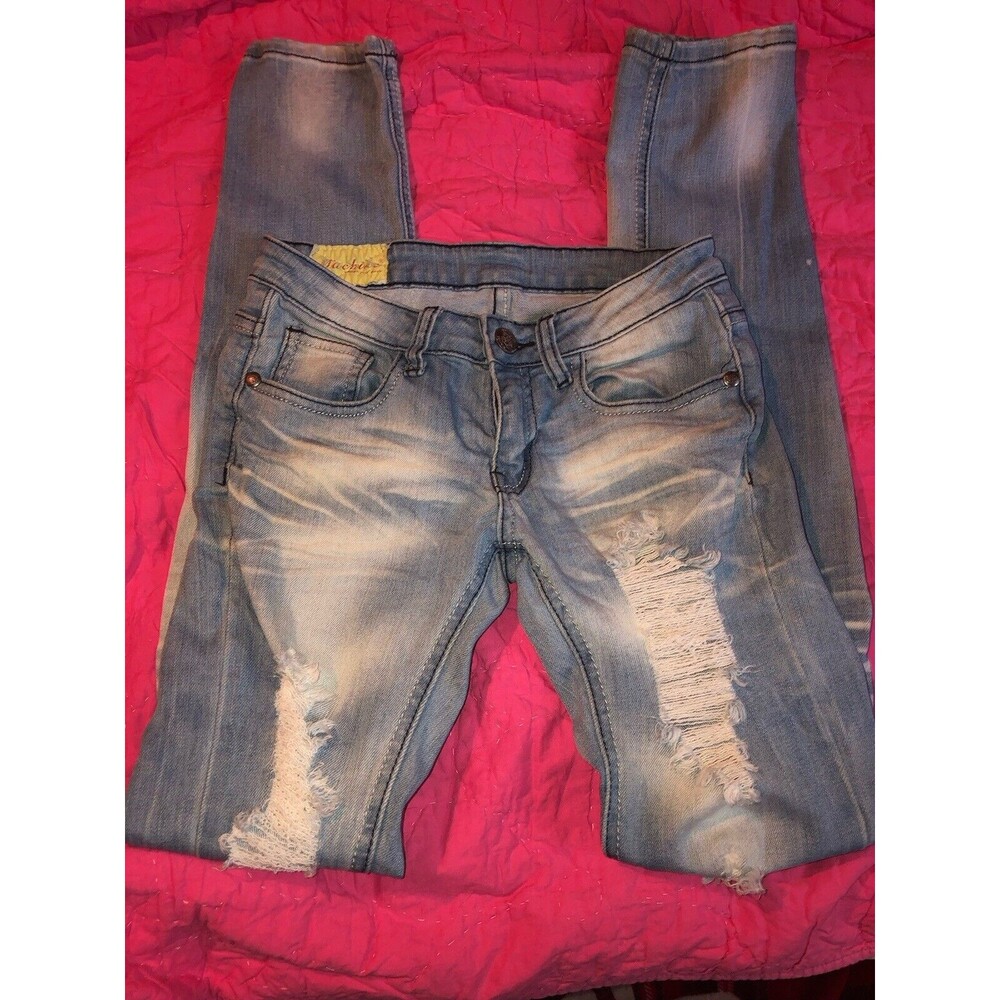 Y2k Machine Jeans Low Rise Light Bleach Wash Denim Jeans Destroyed Size 27/41